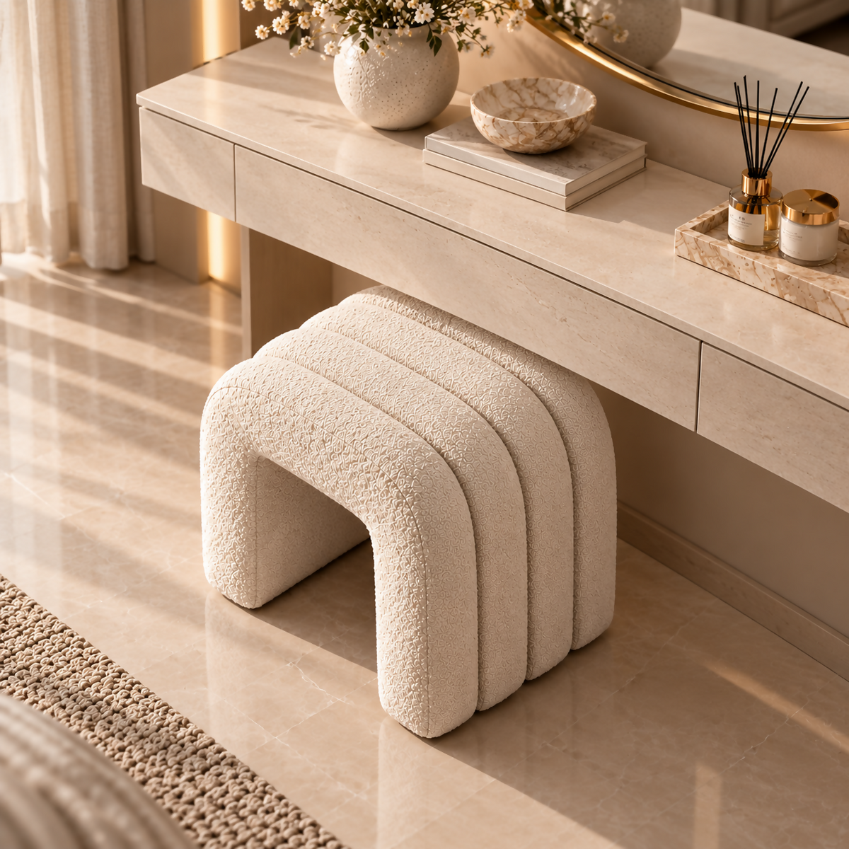 Beige Sculptural Bouclé Bench | BNCH383845B
